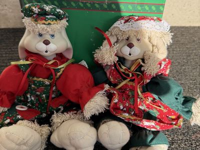 Vintage Christmas Holiday Plush Boy and Girl Bunny Dolls with Original Box