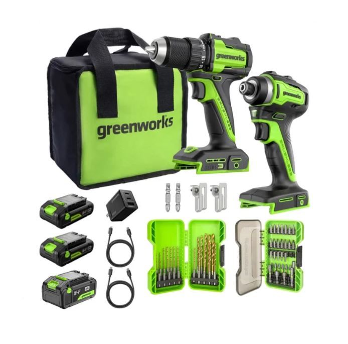 Greenworks CK32100 24V Drill & Impact Driver 2x2Ah Battery, 4Ah Battery, Charger  1983938  #106310