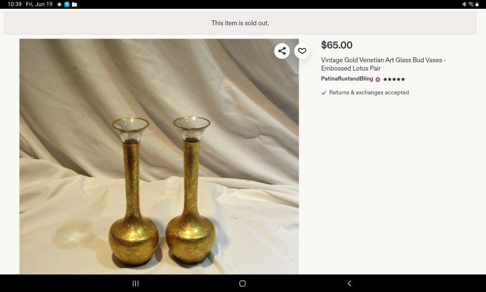 Vintage Gold Venetian Art Glass Bud Vases - Embossed Lotus Pattern Pair,