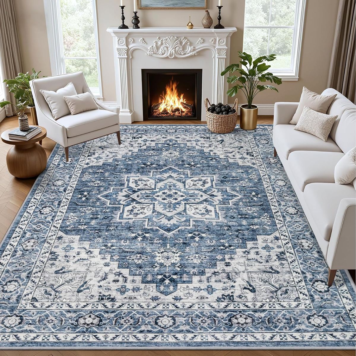 NEW 8x10 Area Rugs Living Room: Washable Vintage Rug for Bedroom Blue