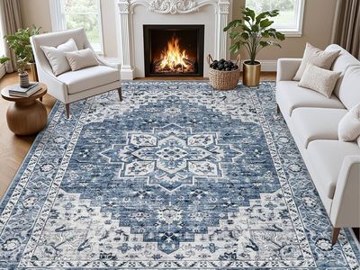 NEW 8x10 Area Rugs Living Room: Washable Vintage Rug for Bedroom Blue