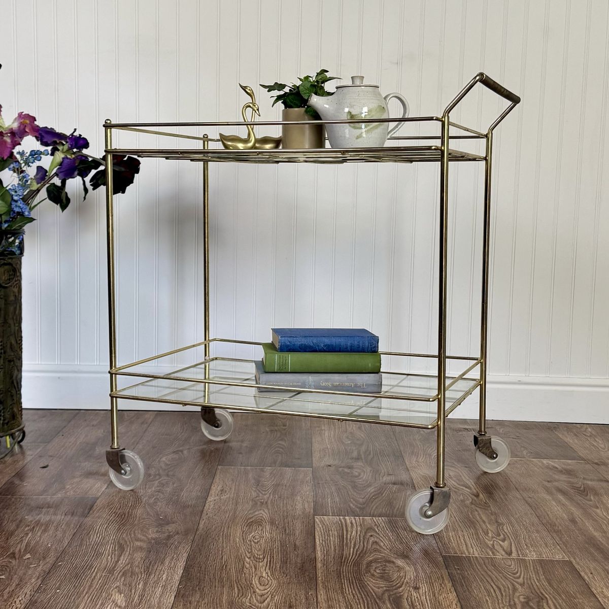 Vintage Mid-Century Brass & Glass Rolling Bar Cart