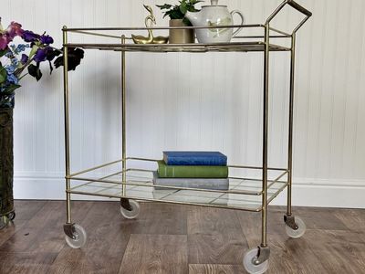 Vintage Mid-Century Brass & Glass Rolling Bar Cart