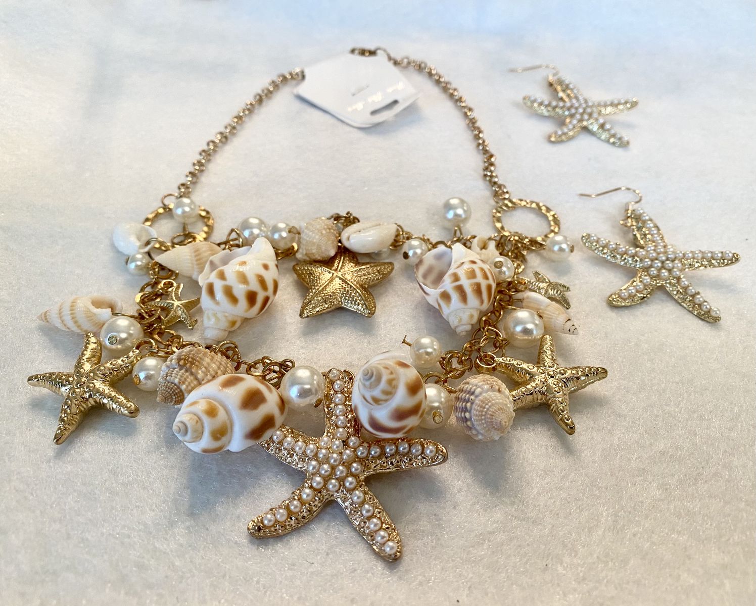 NEW! Gold Chain Seashell Starfish Necklace & Earring Set Coastal Beach Jewelry - C PIX