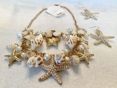NEW! Gold Chain Seashell Starfish Necklace & Earring Set Coastal Beach Jewelry - C PIX