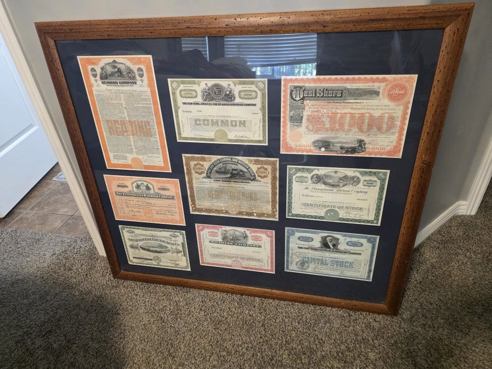 Vintage Railroad Stock Certificates - Pittsburgh, Reading, New York, Pennsylvania Framed Set