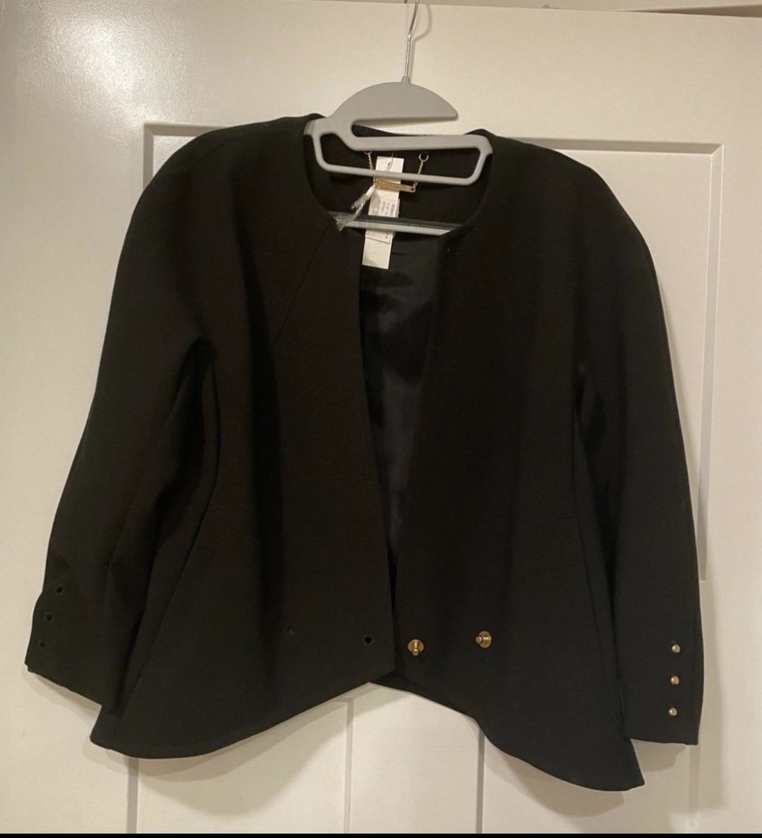 Trina Turk black blazer with gold lapel buttons an