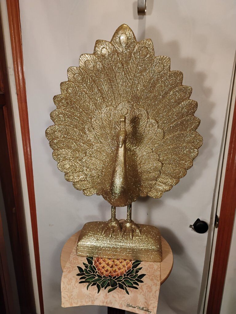 Large Gold Glittery Peacock Sculpture, Statue 29.5