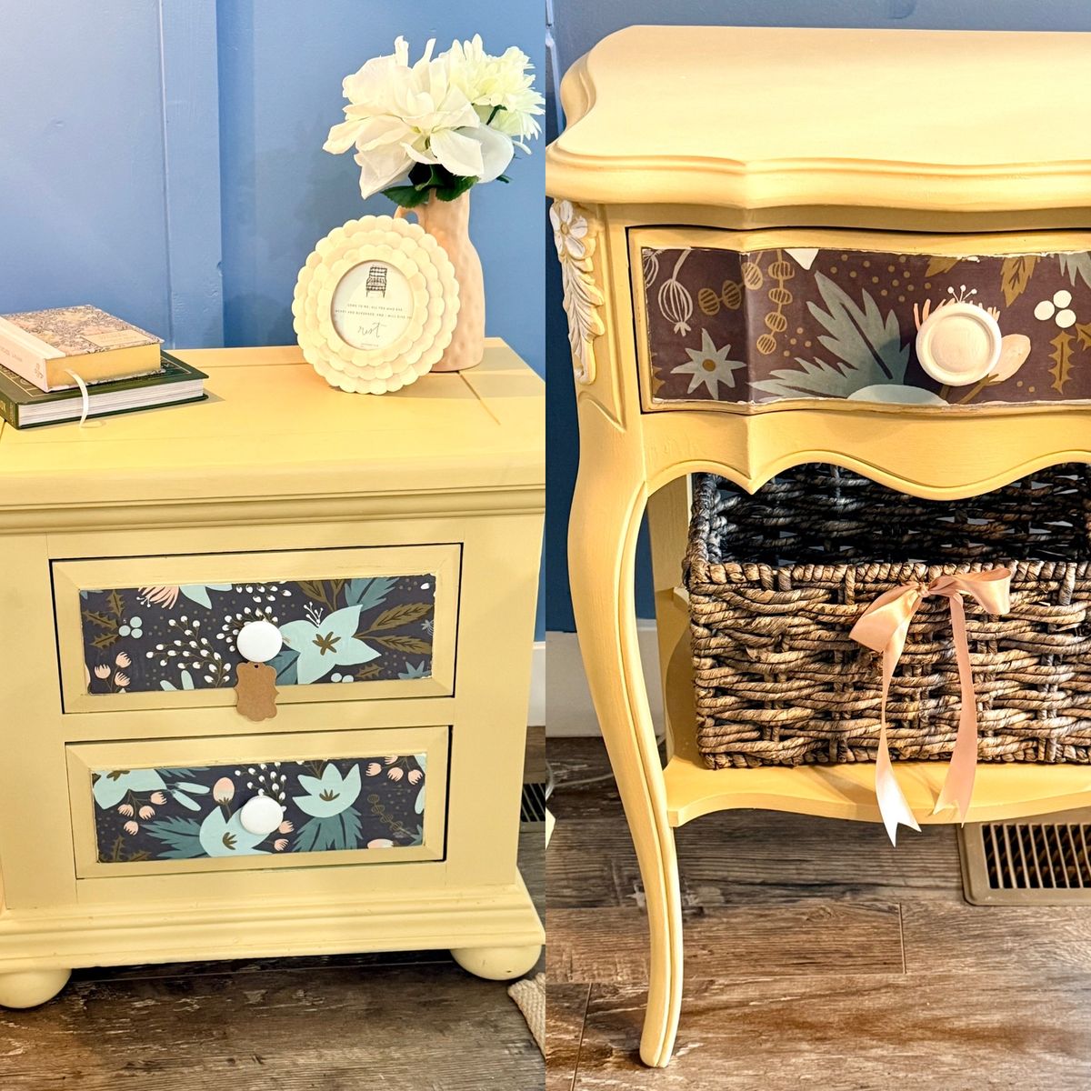 Set of 2 Charming Yellow Solid Wood Nightstand/Side Table with Rifle Paper Co. Accents