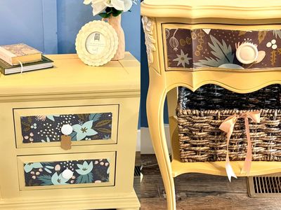 Set of 2 Charming Yellow Solid Wood Nightstand/Side Table with Rifle Paper Co. Accents