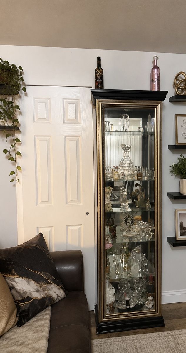 Tall Black and Gold Glass Curio Cabinet Display Case