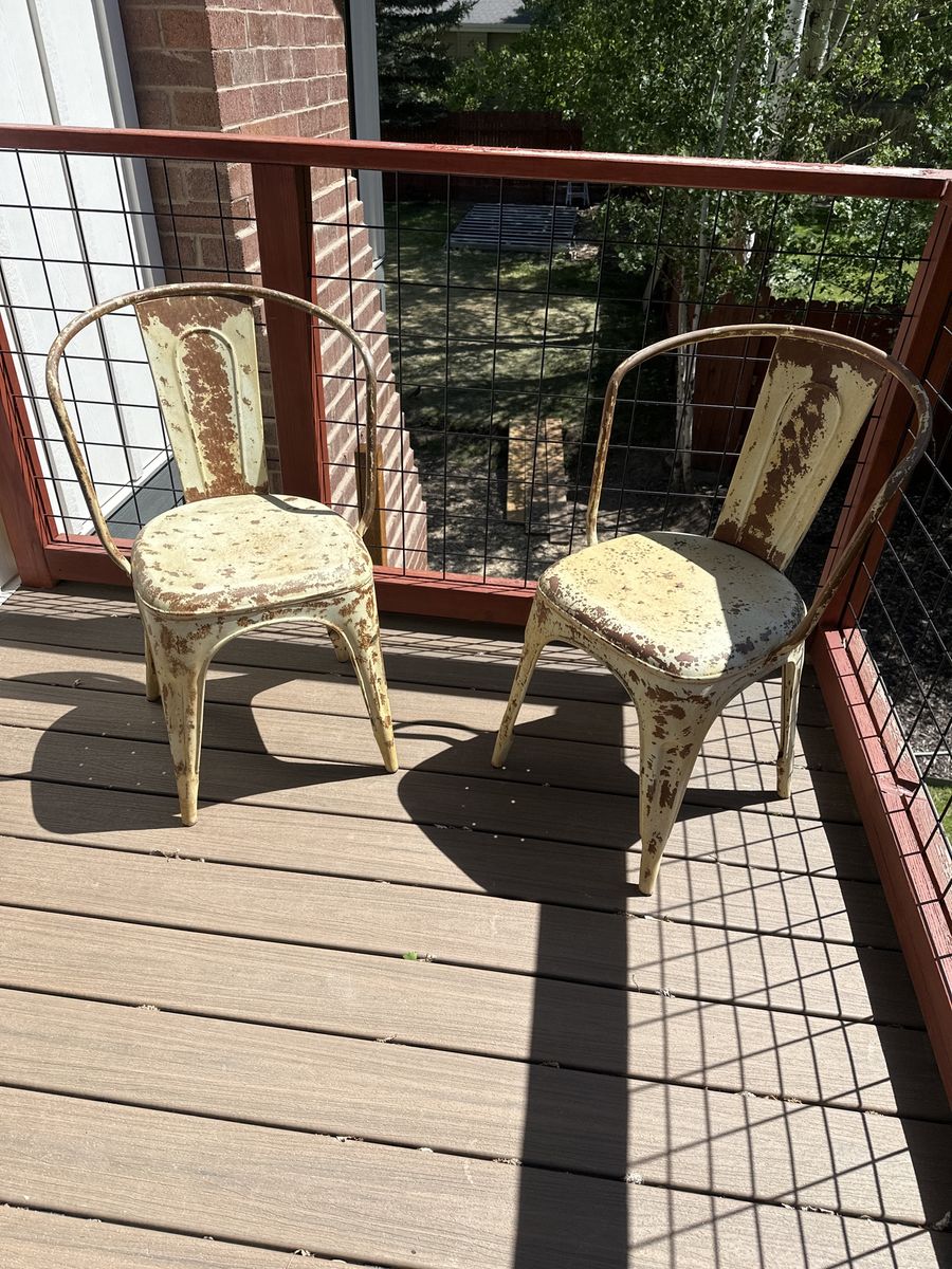 2 Distressed Metal Dining Chairs - Industrial Cafe Bistro Style - Weathered Cream/Brown