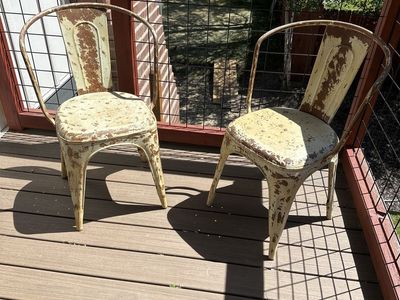 2 Distressed Metal Dining Chairs - Industrial Cafe Bistro Style - Weathered Cream/Brown