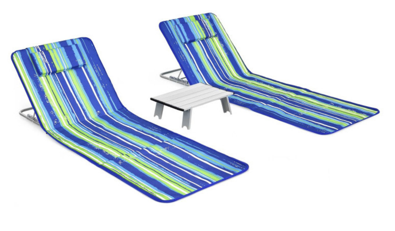 NEW 3 Pieces Beach Lounge Chair Mat Set 2 Adjustable Lounge Chairs with Table Stripe