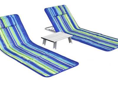 NEW 3 Pieces Beach Lounge Chair Mat Set 2 Adjustable Lounge Chairs with Table Stripe