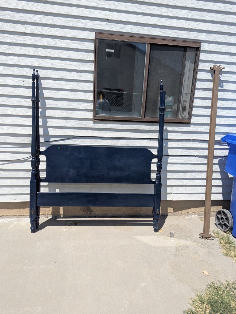 Vintage Dark Blue Wooden Four Poster Headboard and Footboard Set
