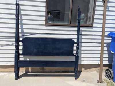 Vintage Dark Blue Wooden Four Poster Headboard and Footboard Set