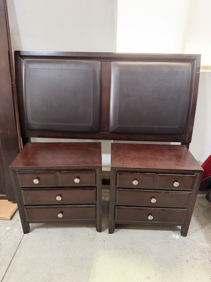 Espresso color queen bed and two matching night stands