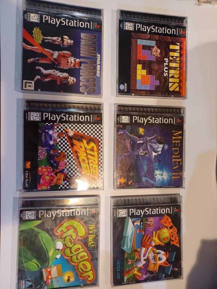 PlayStation 1 Games Lot - Star Wars Dark Forces, Tetris Plus, Street Racer, MediEvil, Frogger and Bubsy 3D