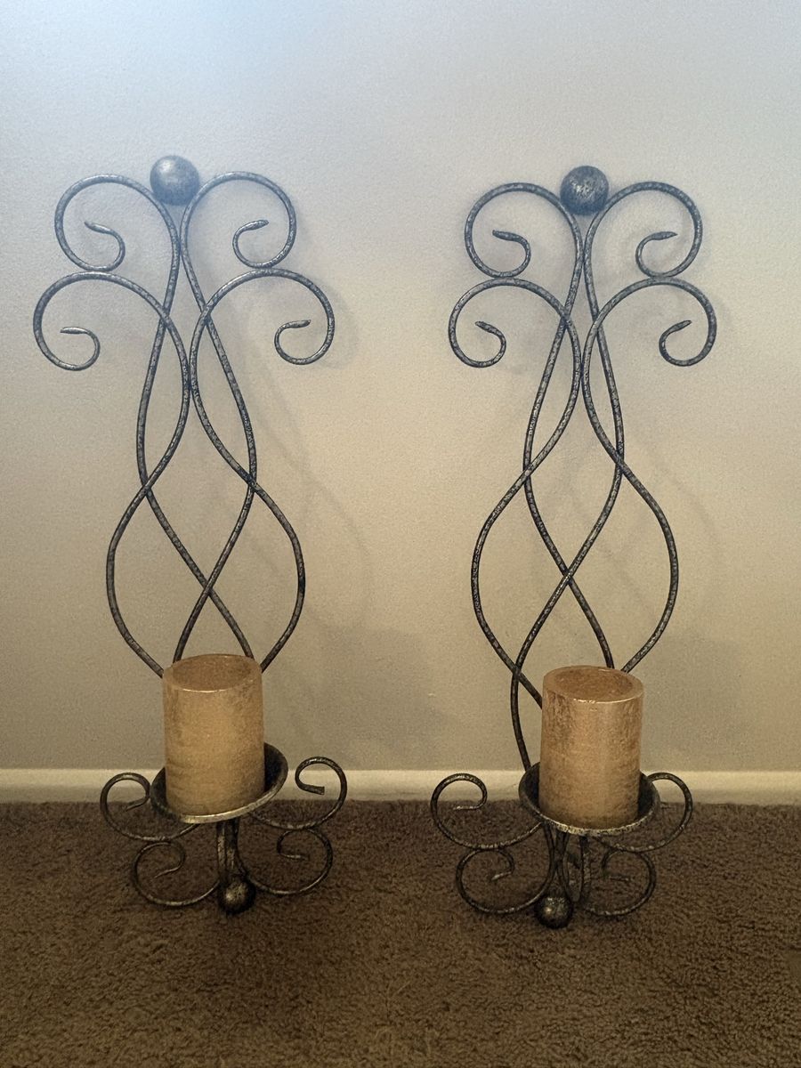 Set of 2 Wrought Iron Scroll Wall Sconces with Metallic Pillar Candles