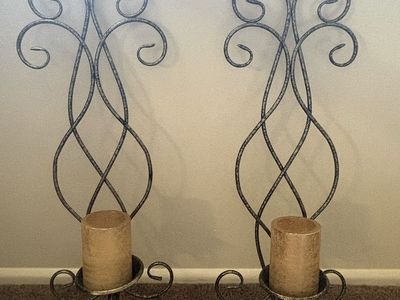 Set of 2 Wrought Iron Scroll Wall Sconces with Metallic Pillar Candles