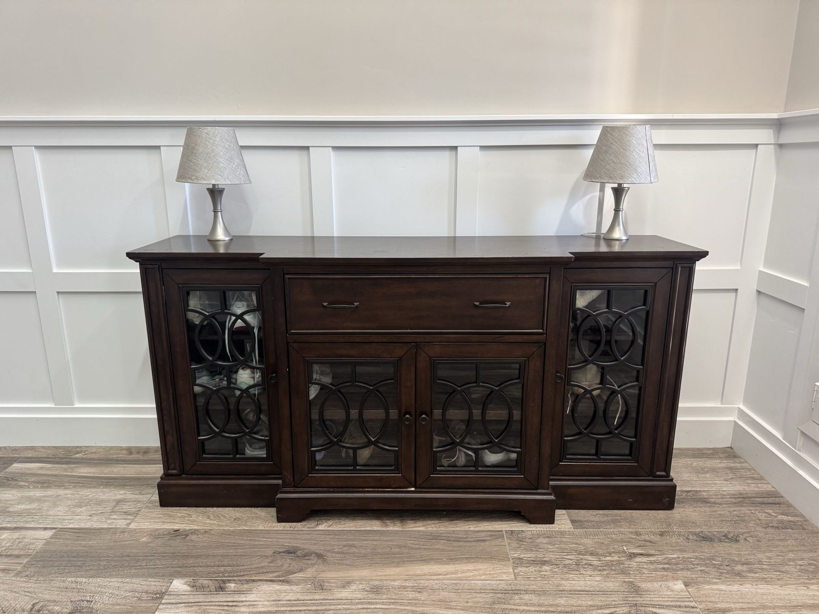 Dark Wood Buffet Credenza with Glass Cabinet Doors and Drawer