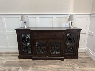 Dark Wood Buffet Credenza with Glass Cabinet Doors and Drawer