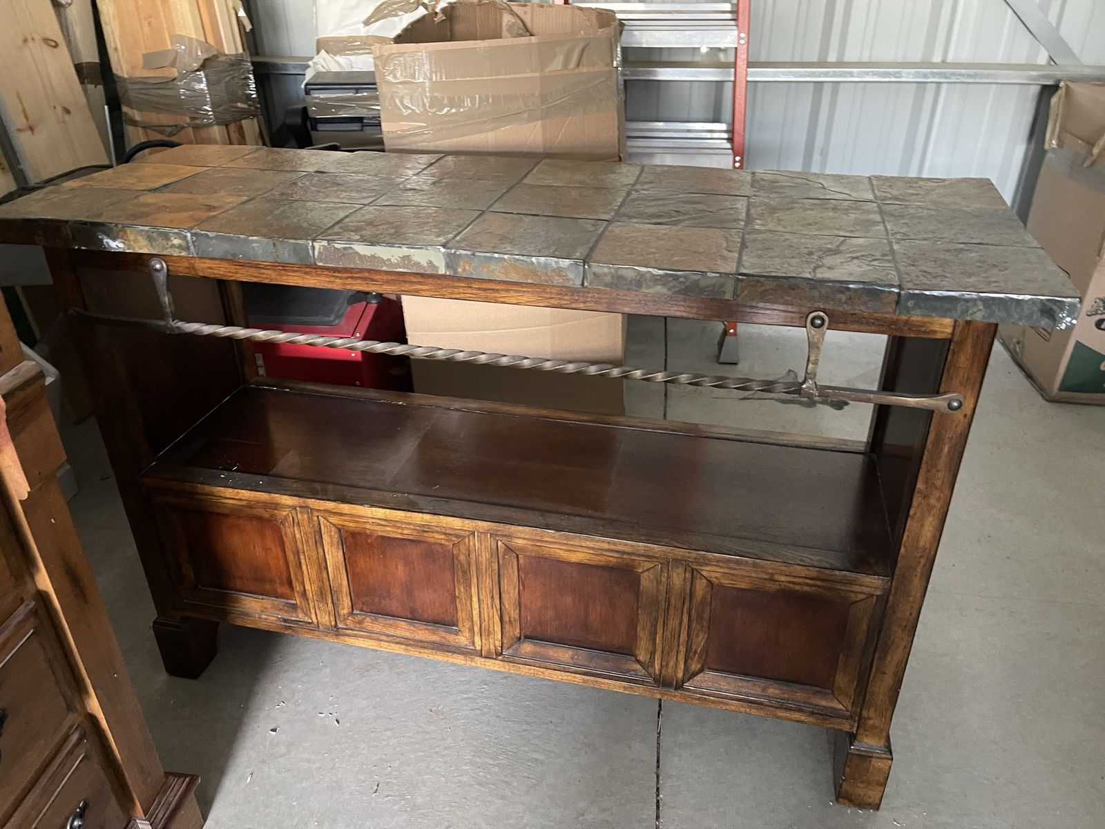 Rustic Wood European-Mediterranean style Sofa Console Table with Slate Tile Top & Metal Accent Rail