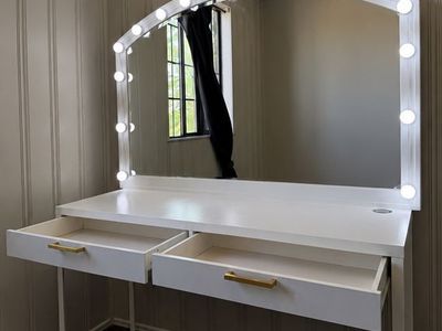 White Vanity Desk with Hollywood Light-Up Arched Mirror and Drawer