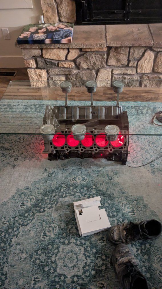 Custom Engine Block Coffee Table with Glass Top & Red LED Lights