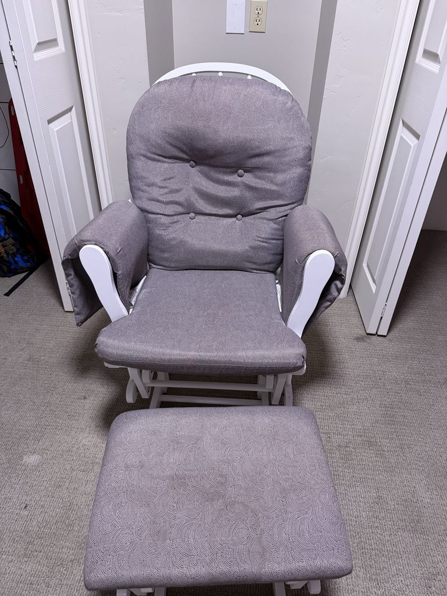 White Wooden Nursery Glider Chair with Matching Ottoman - Gray Cushions