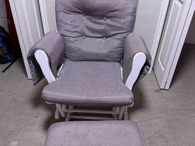 White Wooden Nursery Glider Chair with Matching Ottoman - Gray Cushions