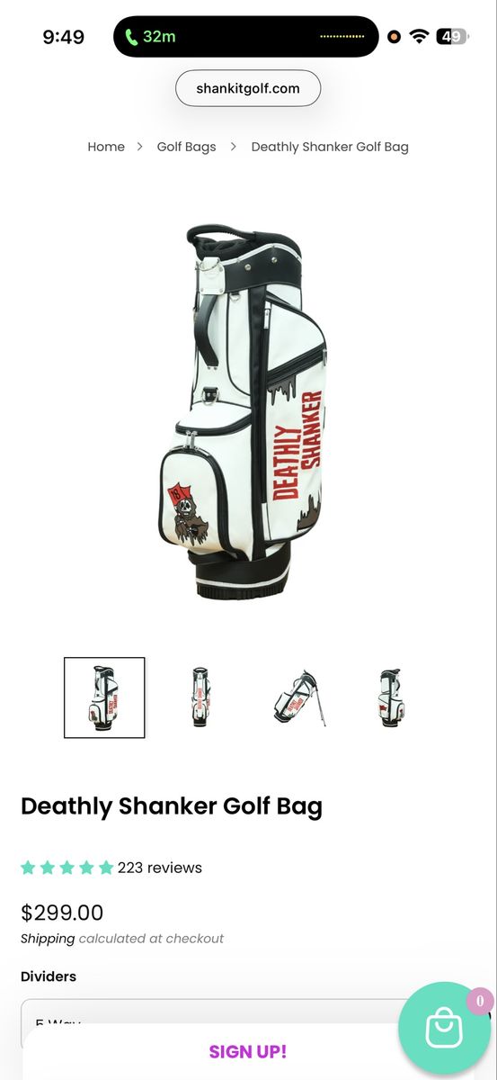 Shankitgolf Deathly Shanker Golf Bag - White/Black, New with Unique Reaper Graphic
