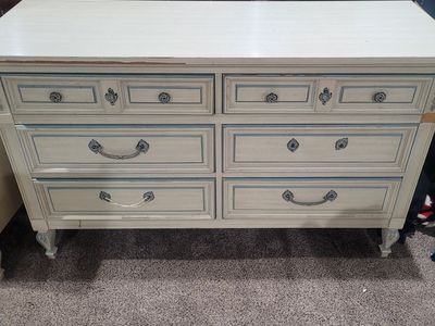 Vintage French Provincial Style Queen Headboard & Dresser Set - Cream/Blue Trim