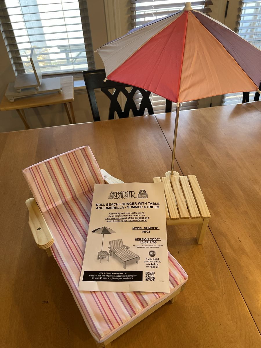 Badger Basket 18” Doll Beach Lounger Set with Table & Umbrella