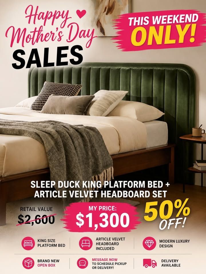 Sleep Duck King Platform Bed + Article Rolph Velvet Headboard Set