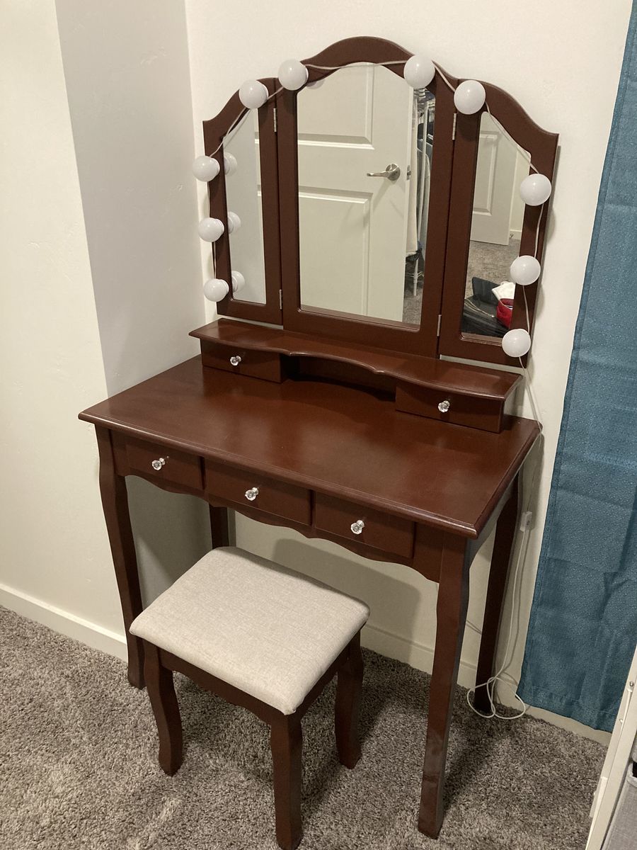 Lighted Vanity Desk with Mirror & Stool