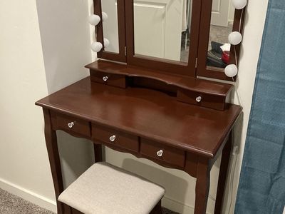Lighted Vanity Desk with Mirror & Stool