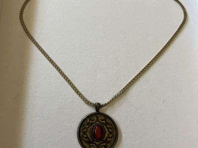 Vintage-Style Chain Necklace with Ornate Pendant & Red Cabochon