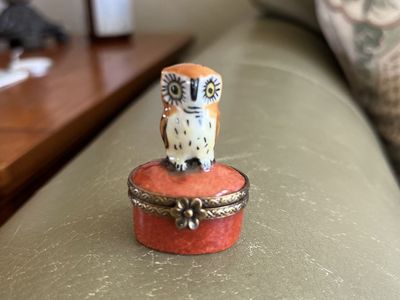 Vintage Limoges Peint Main Porcelain Owl Trinket Box Hand Painted