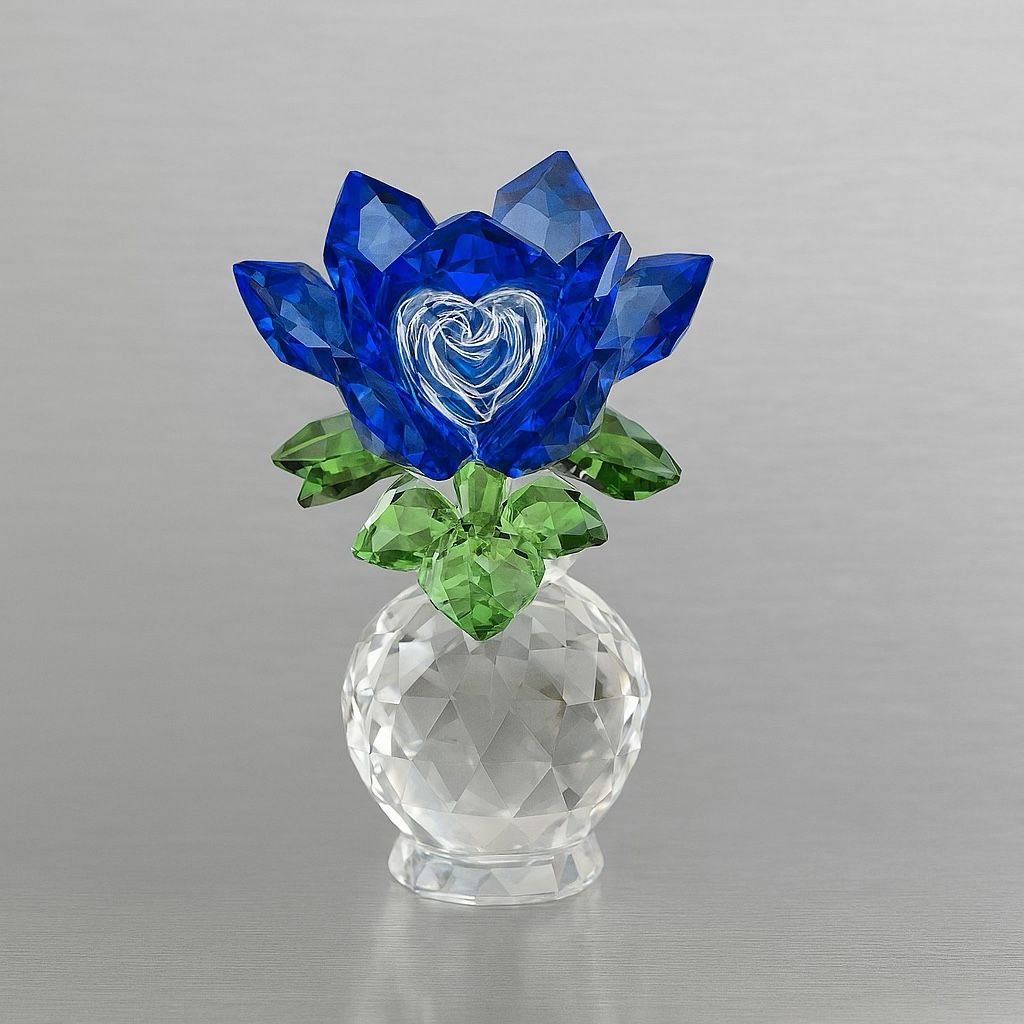Crystal Blue Lotus Flower Figurine with Heart Design in Clear Vase