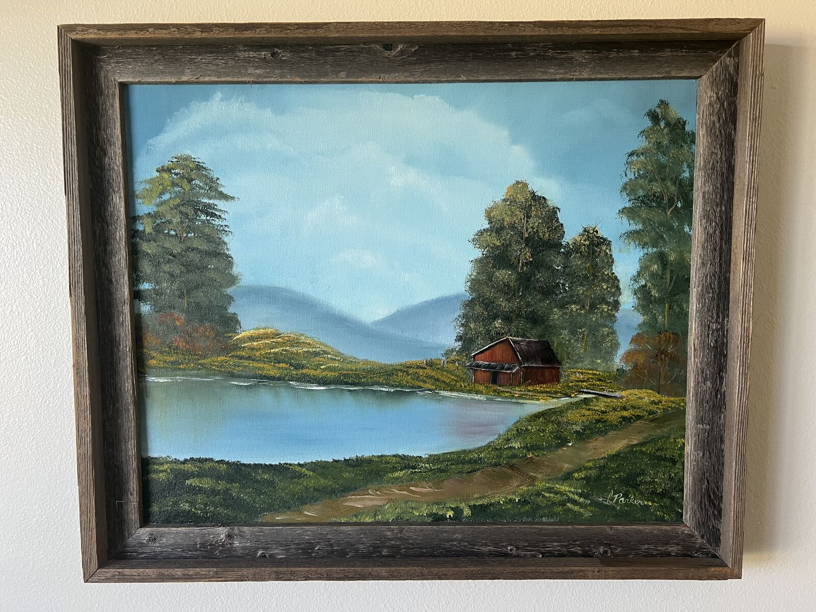 Cabin by the Lake original oil painting by P Parke size including the frame is 17 2/8' x 23 3/83 3/8 "