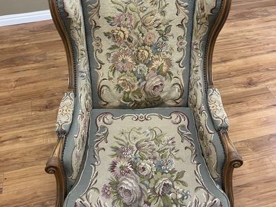 Vintage French Provincial Tapestry Wingback Accent Chair with Carved Wood Frame & Nailhead Trim