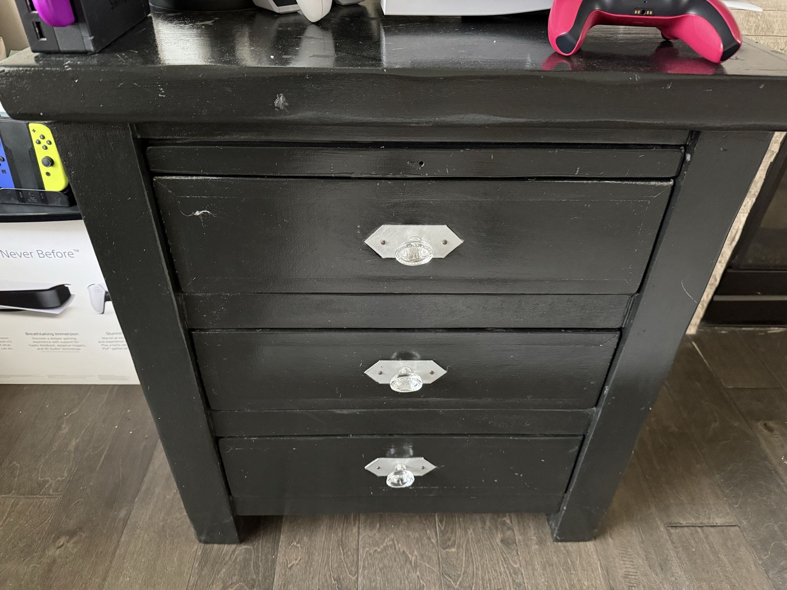 Black Wooden 3-Drawer Nightstand with Clear Crystal Knobs