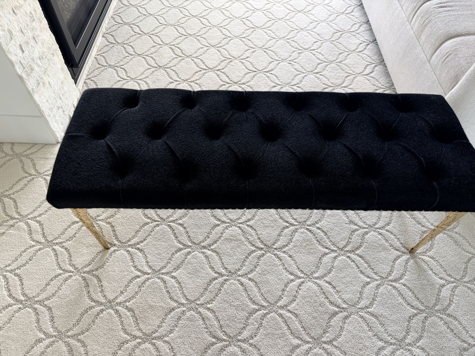 Like new Luxurious Black Tufted Velvet Bench with Gold Legs and Nailhead Trim