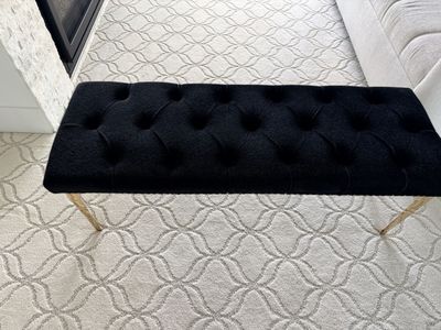 Like new Luxurious Black Tufted Velvet Bench with Gold Legs and Nailhead Trim