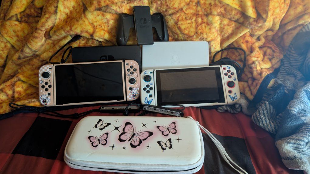 Nintendo Switch OLED Model White & Custom Pink (2 Consoles) with Docks & Accessories