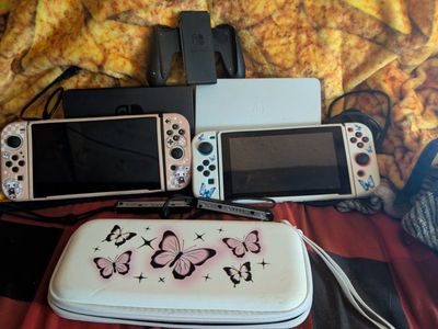 Nintendo Switch OLED Model White & Custom Pink (2 Consoles) with Docks & Accessories