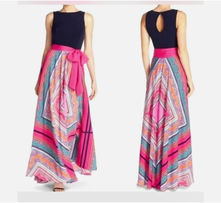 Eliza J size 2 Scarf Print Maxi Dress Navy & Pink Sleeveless Keyhole back & Sash