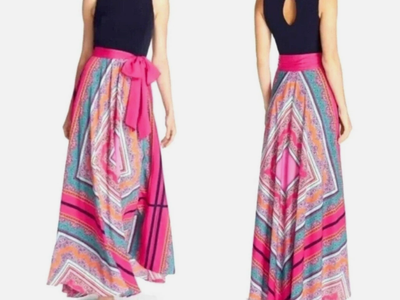 Eliza J size 2 Scarf Print Maxi Dress Navy & Pink Sleeveless Keyhole back & Sash